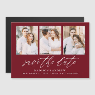 Invitation Magnétique Burgundy Elegant Script 3 Photo Save the Date