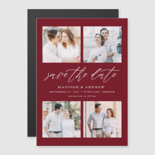 Invitation Magnétique Burgundy Elegant Script 4 Photo Save The Date