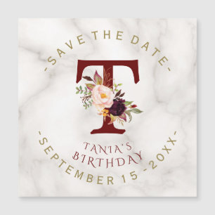 Invitation Magnétique Burgundy Floral Marbre Or Anniversaire Enregistrer