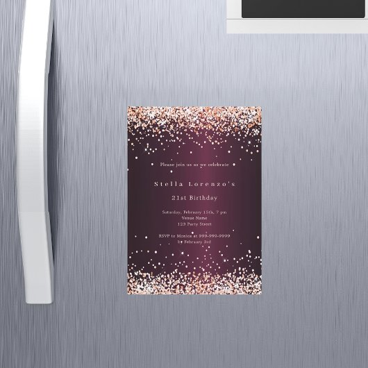 Invitation Magnétique Burgundy rose or luxe anniversaire