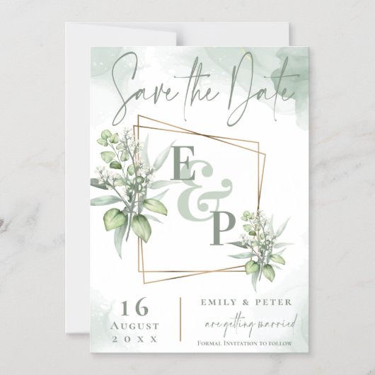 Invitation Magnétique Cadre en or avec feuilles d'eucalyptus pour mariag (Recto)