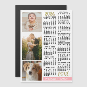 Invitation Magnétique Calendrier 2026 Rose Pâle Or Photos de Famille Per