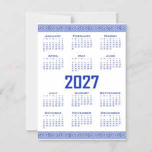 Invitation Magnétique Calendrier 2027, Frette Grecque, Bleu Grec sur Fon