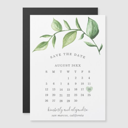Invitation Magnétique Calendrier Rustique Verdure Enregistrer la Date (Devant / Derrière)