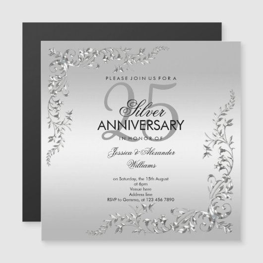 Invitation Magnétique Célébration de Mariage de 25 Ans Décoration Argent (Devant / Derrière)
