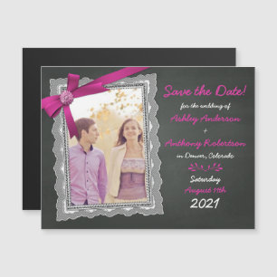 Invitation Magnétique Chalkboard Magenta Bow photo Wedding Enregistrer l