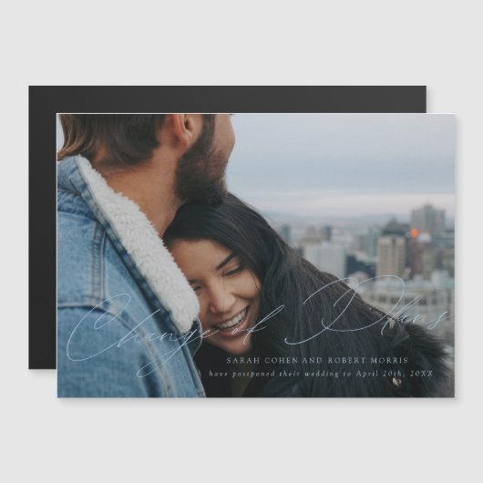 Invitation Magnétique Changement de date de mariage écrit en bleu ciel (Devant / Derrière)