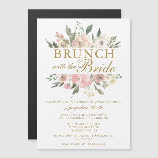 Invitation Magnétique Chic Blush Rose Or Floral Bridal Brunch Douche (Devant / Derrière)