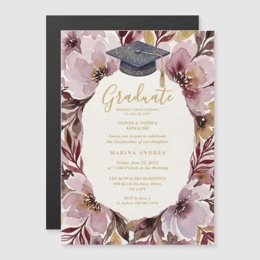 Invitation Magnétique Chic Delicate Pink Floral Wreath Graduation Cap (Devant / Derrière)