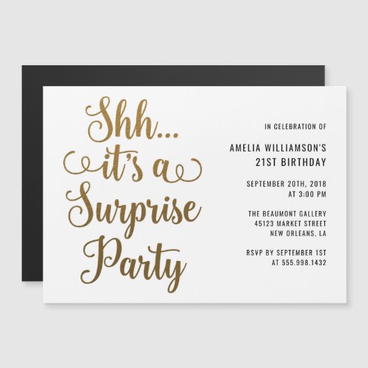 Invitation Magnétique Chic Gold Shh... C'est une typographie de parti su (Devant / Derrière)