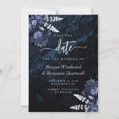 Invitation Magnétique Chic Navy Blue Silver Floral Wedding Save the Date (Recto)