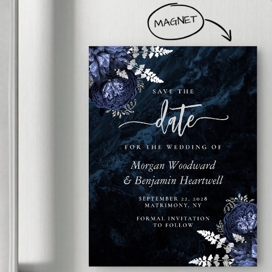 Invitation Magnétique Chic Navy Blue Silver Floral Wedding Save the Date