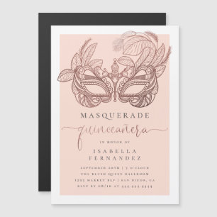Invitation Magnétique Chic Rose Gold & Blush Masquerade Quinceañera