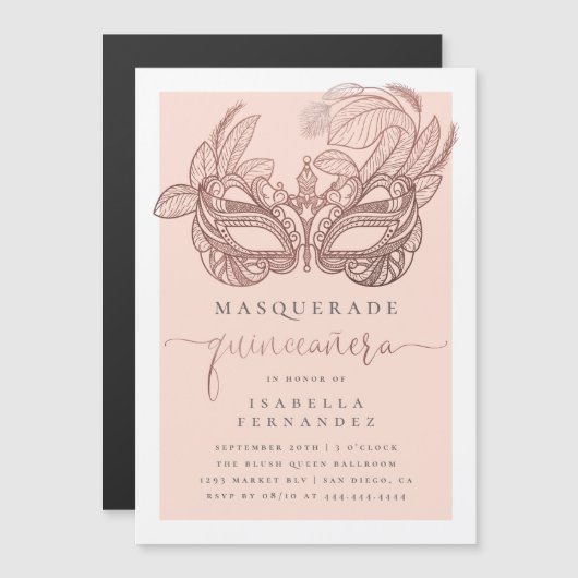 Invitation Magnétique Chic Rose Gold & Blush Masquerade Quinceañera (Devant / Derrière)