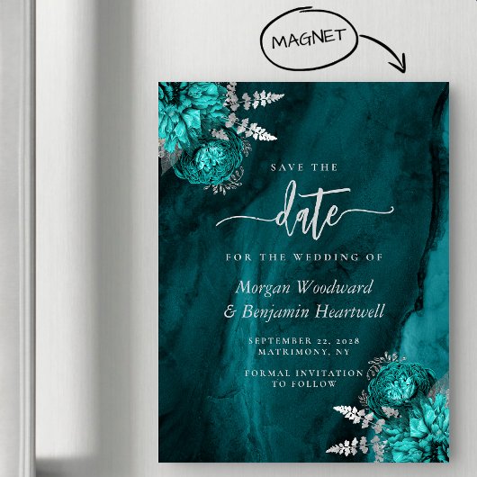 Invitation Magnétique Chic Turquoise mariage floral argent Enregistrer l