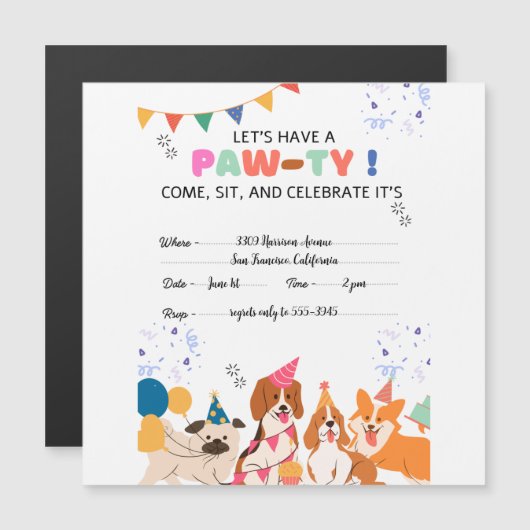 Invitation Magnétique Chien chiot Anniversaire Fête Chiot Paw-ty Invitat (Devant / Derrière)
