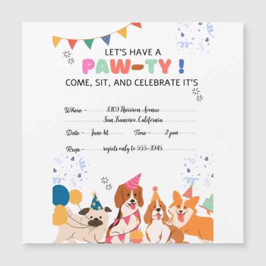 Invitation Magnétique Chien chiot Anniversaire Fête Chiot Paw-ty Invitat (Devant)
