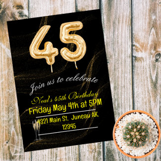 Invitation Magnétique Chiffres de ballons noir or pour 45e anniversaire