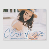 Invitation Magnétique Classe de 2022 Modern Blue Script Photo Graduation (Devant)