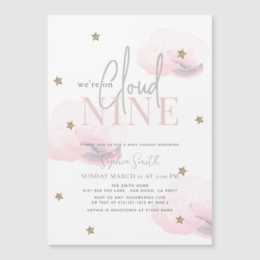 Invitation Magnétique Cloud 9 Gold Stars Aquarelle Baby shower rose (Devant)