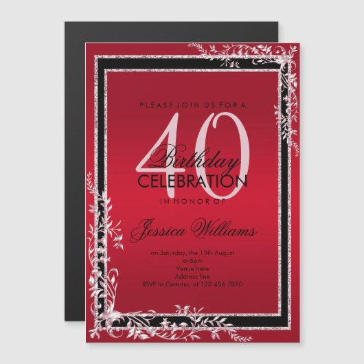 Invitation Magnétique Coins décoratifs Ruby & Black Anniversaire (Devant / Derrière)