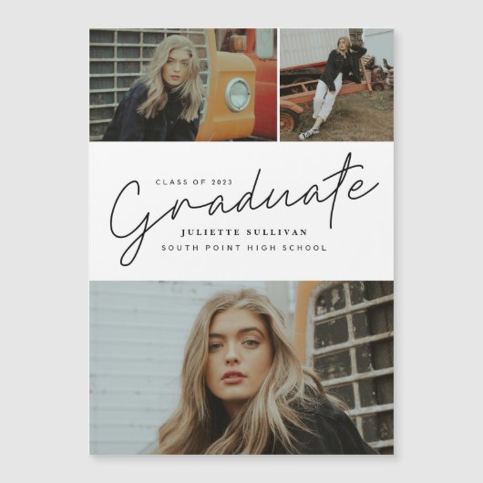 Invitation Magnétique Collage de photos de diplôme en écriture moderne (Devant)