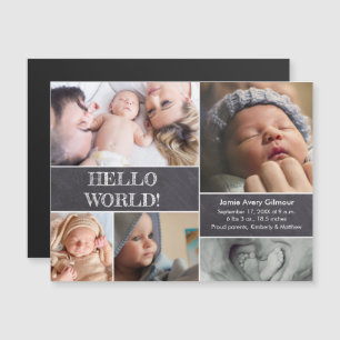 Invitation Magnétique Collage photo personnalisé Hello World naissance b