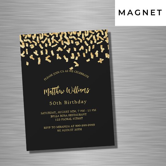 Invitation Magnétique Confetti noir or luxe pour anniversaire