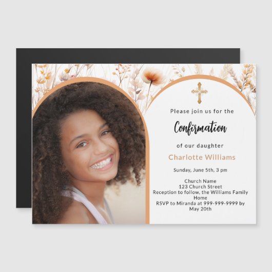 Invitation Magnétique Confirmation d'arche de fleurs en or rose et pêche (Devant / Derrière)