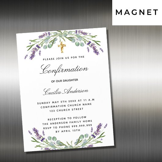 Invitation Magnétique Confirmation lavande violet floraux luxe