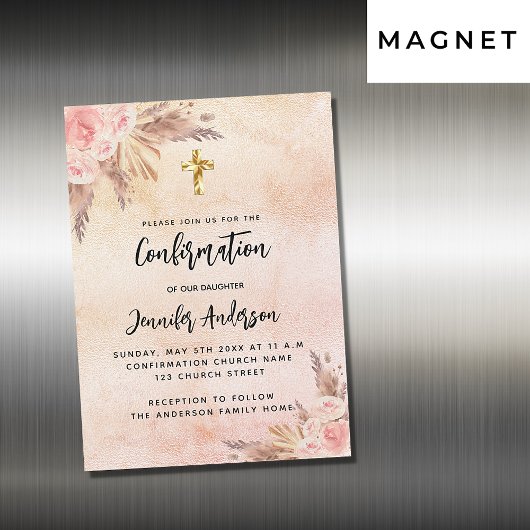 Invitation Magnétique Confirmation pampas herbe rose or blush luxe