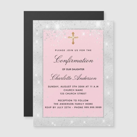 Invitation Magnétique Confirmation parties scintillant rose argent scrip (Devant / Derrière)