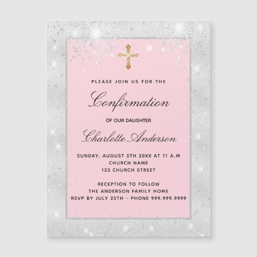 Invitation Magnétique Confirmation parties scintillant rose argent scrip (Devant)