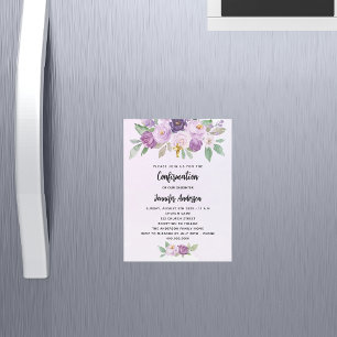 Invitation Magnétique Confirmation violet fleurs verdure croix luxe