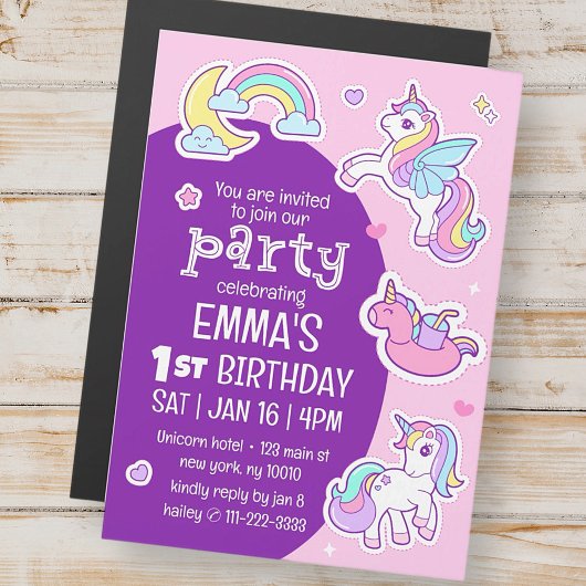 Invitation Magnétique Cute Modern Rainbow Unicorns fête d'anniversaire p