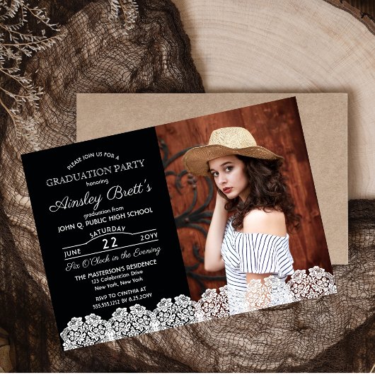 Invitation Magnétique Dentelle rustique | Photo Graduation Party
