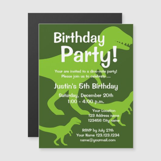 Invitation Magnétique Dinosaure pour enfants thème Anniversaire de la fê (Devant / Derrière)