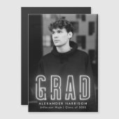 Invitation Magnétique Diplôme photo verticale moderne en néon blanc (Devant / Derrière)