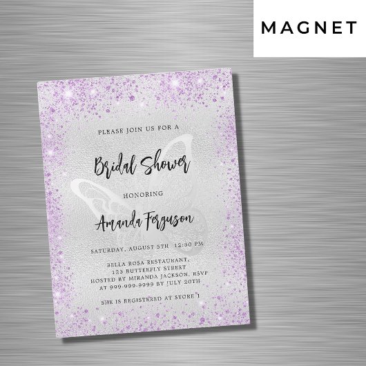 Invitation Magnétique Douche nuptiale argent violet papillon luxe