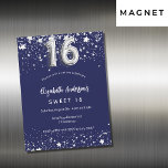Invitation Magnétique doux 16 marine bleu argent étoiles luxe<br><div class="desc">Une carte magnétique d'invitation moderne,  élégante et glamour pour une Sweet 16,  16e anniversaire. Un arrière - plan bleu marine,  décoré de faux étoiles argentées. Personnalisez et ajoutez votre nom et les détails de votre fête. Le numéro 16 est écrit avec une police de style ballon.</div>