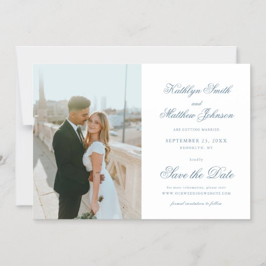 Invitation Magnétique Dusty Blue Elegant Calligraphie Enregistrer La Dat (Recto)