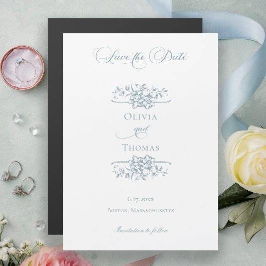 Invitation Magnétique Dusty Blue Floral Wedding Save the Date