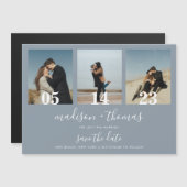 Invitation Magnétique Dusty Blue Script 3 Photo Wedding Enregistrer La D (Devant / Derrière)