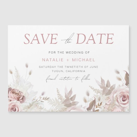 Invitation Magnétique Dusty Rose Floral Blush Wedding Enregistrer La Dat (Devant)