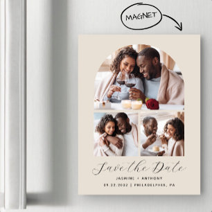 Invitation Magnétique Économisez la date Arch Beige Minimal 3-Photos