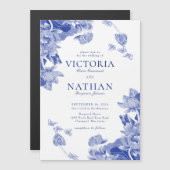 Invitation Magnétique Elégant bleu blanc Fleur Chinoiserie Chic Mariage (Devant / Derrière)