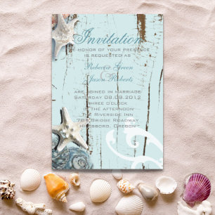 Invitation Magnétique Élégant bois Coquillages Bleus Mariage sur la Plag