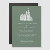 Invitation Magnétique Elégant Château Vintage Illustration Mariage vert (Devant / Derrière)