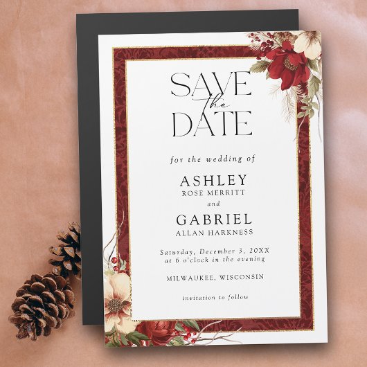 Invitation Magnétique Elegant Christmas Red Damask Floral Save the Date