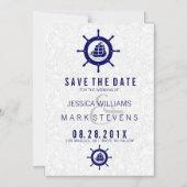 Invitation Magnétique Élégant Damas blanc et roue bleue nautique (Recto)